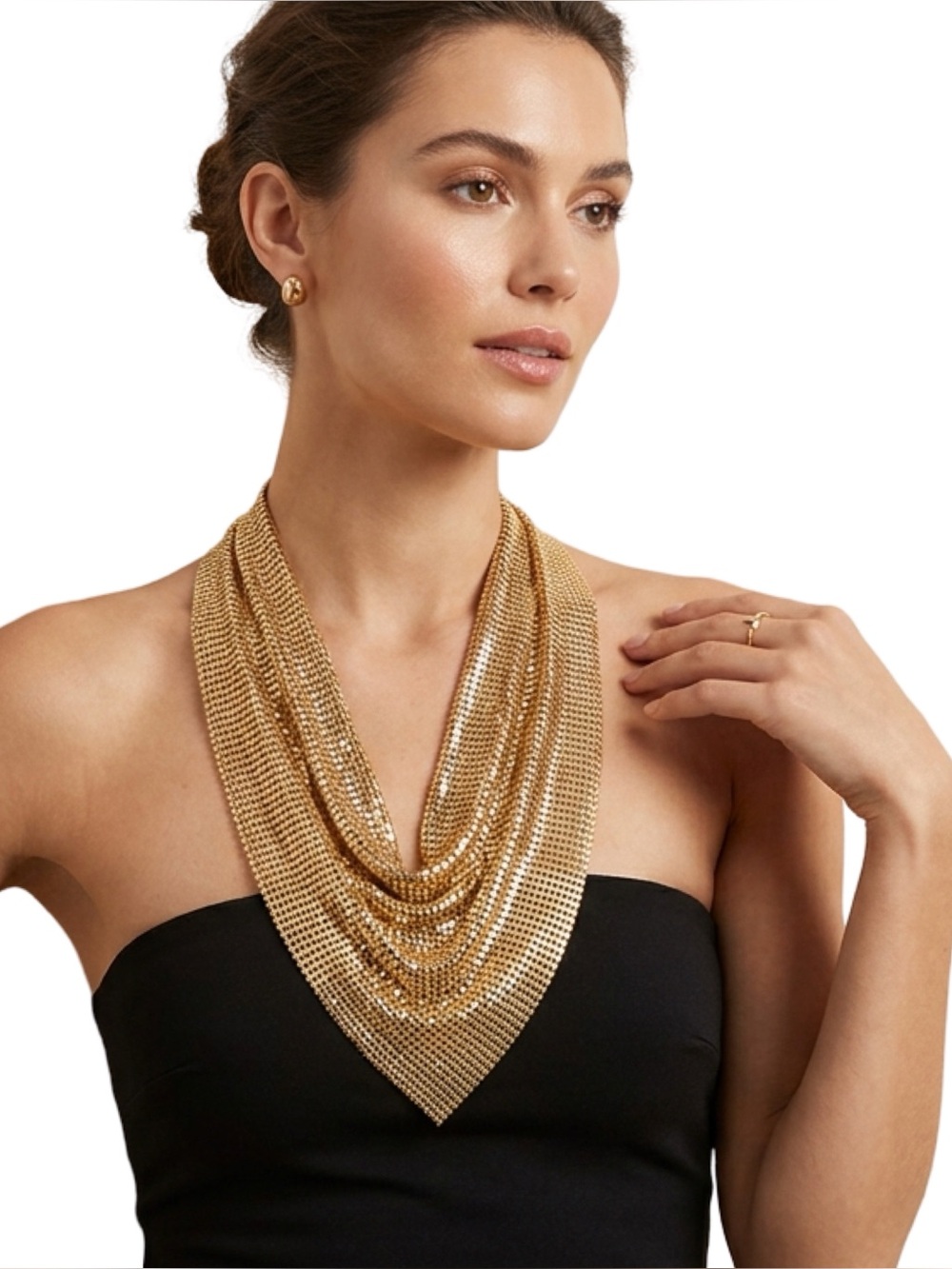 Vintage Whiting & Davis Gold Tone Mesh Bib Cowl Scarf Necklace Perfect Condition